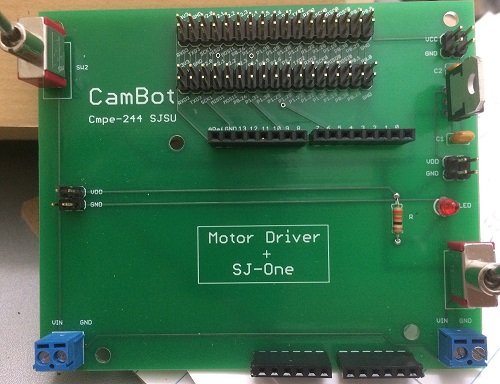 CmpE244 S17 CamBot PCB with Components.JPG