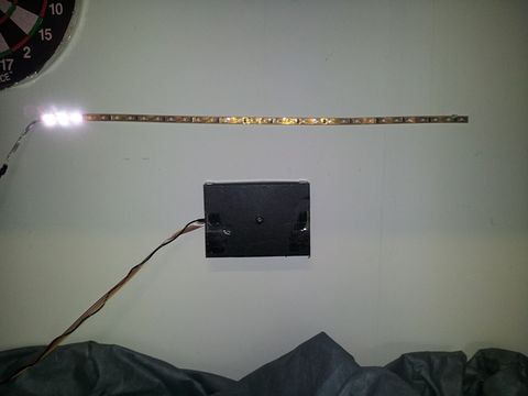 Close-up of LED strip and temporary enclosure
